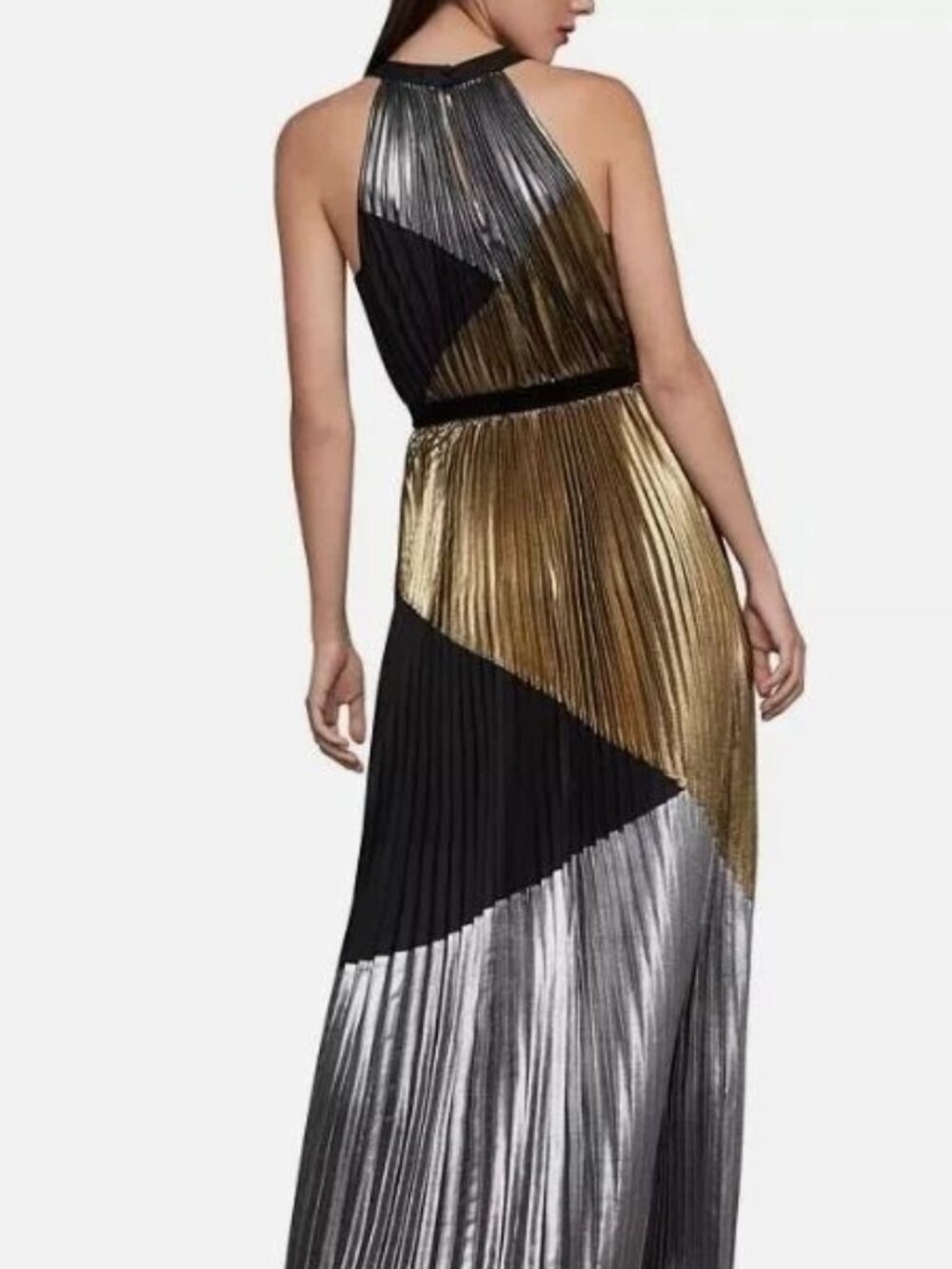 BCBGMaxAzria Metallic Gold Pleated dress with Black Trim - Picture 2 of 3